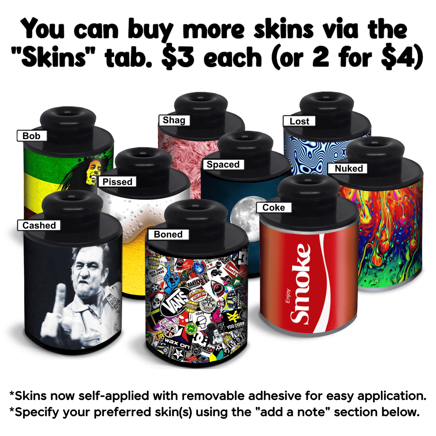All Smoke Eraser Pro skin options — Bob, Shag, Lost, Spaced, Nuked, Pissed, Cashed, Boned, Coke — available for $3 each